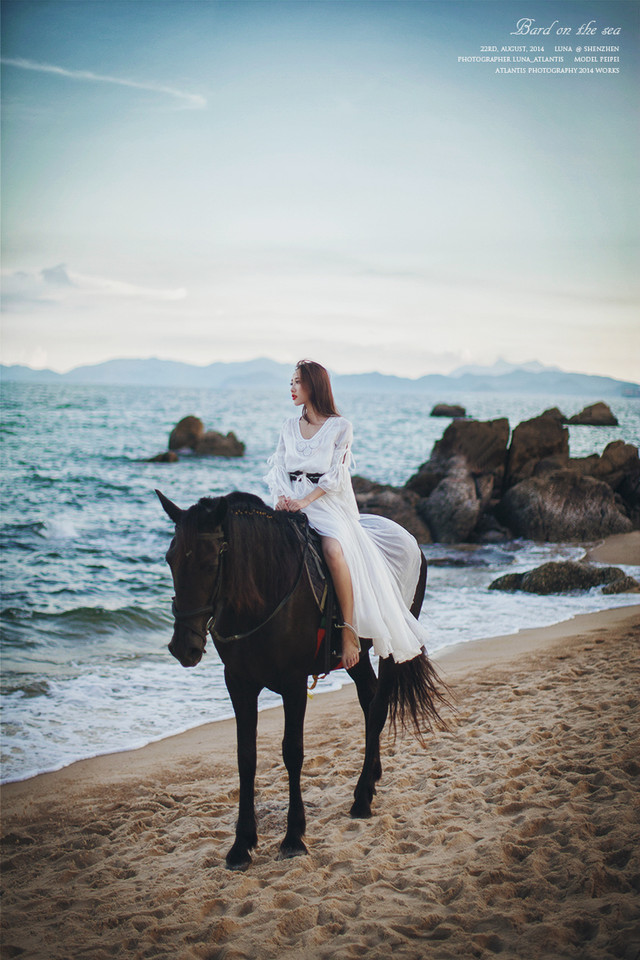 海边马背上的白裙美女